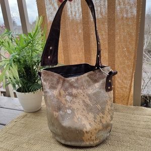 Gold Acid Washed Hairon and Cowhide Leather Western Bucket Bag Purse Tote